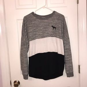 gray, white, and black pink sweatshirt
